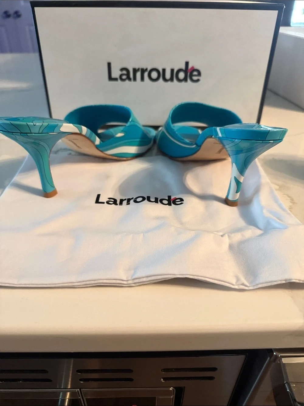 Larroude Turquoise Patterned Slide Mules